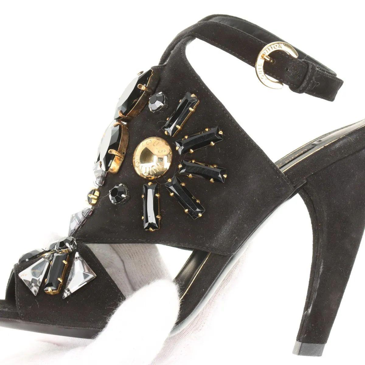 Louis Vuitton Cut Out Crsytal Suede Sandal Black For Sale 12
