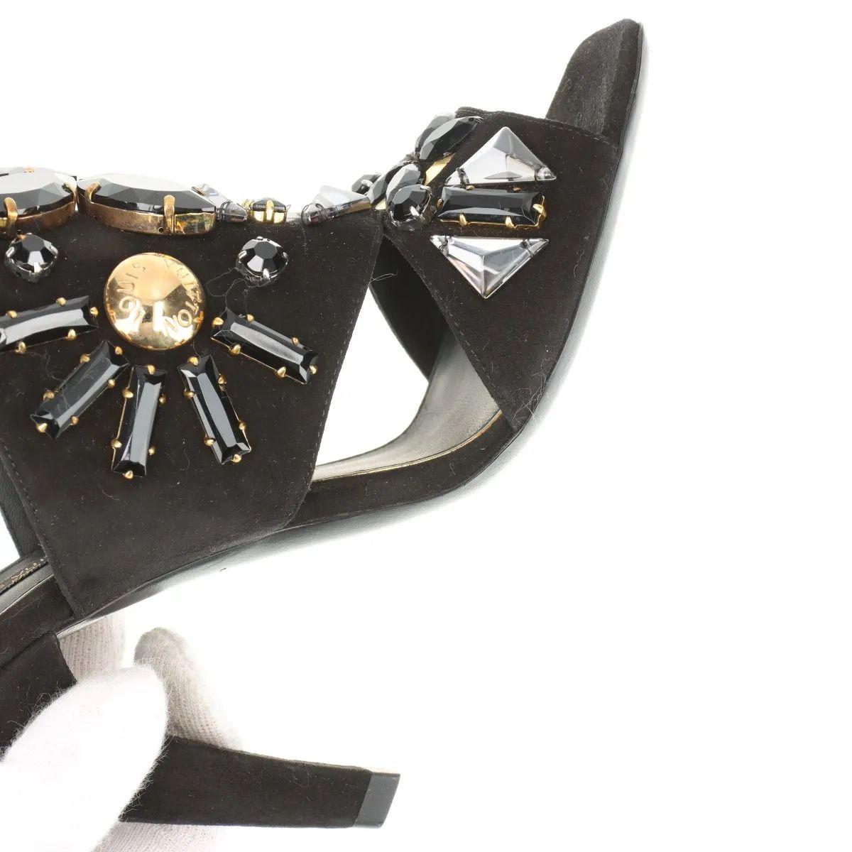 Louis Vuitton Cut Out Crsytal Suede Sandal Black For Sale 13