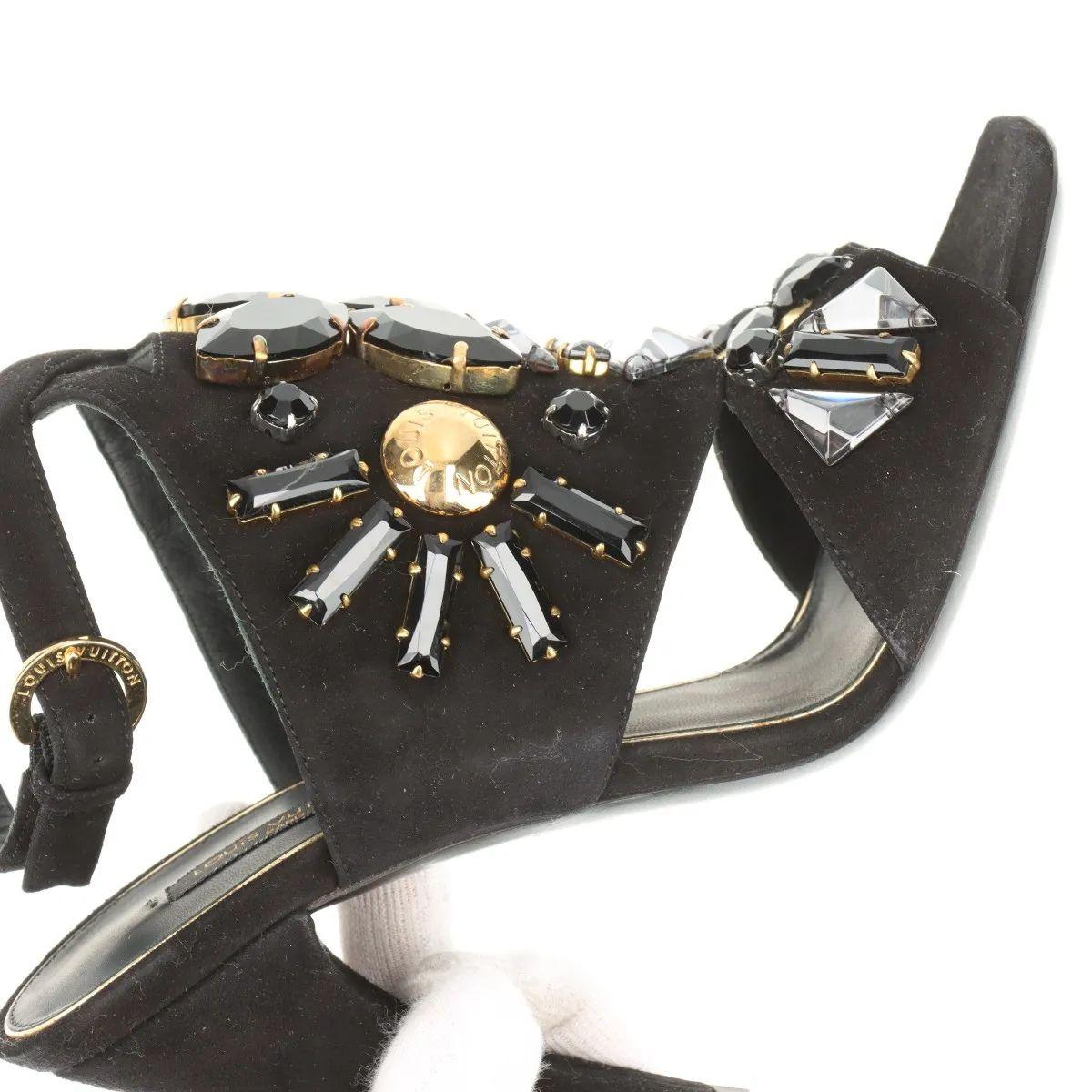 Louis Vuitton Cut Out Crsytal Suede Sandal Black For Sale 15