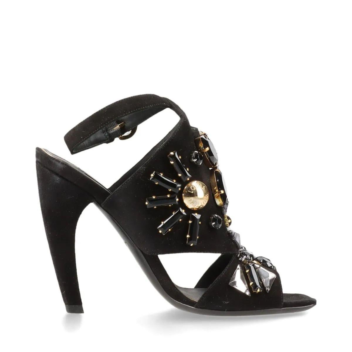 Louis Vuitton Cut Out Crsytal Suede Sandal Black In Good Condition For Sale In Humacao, PR