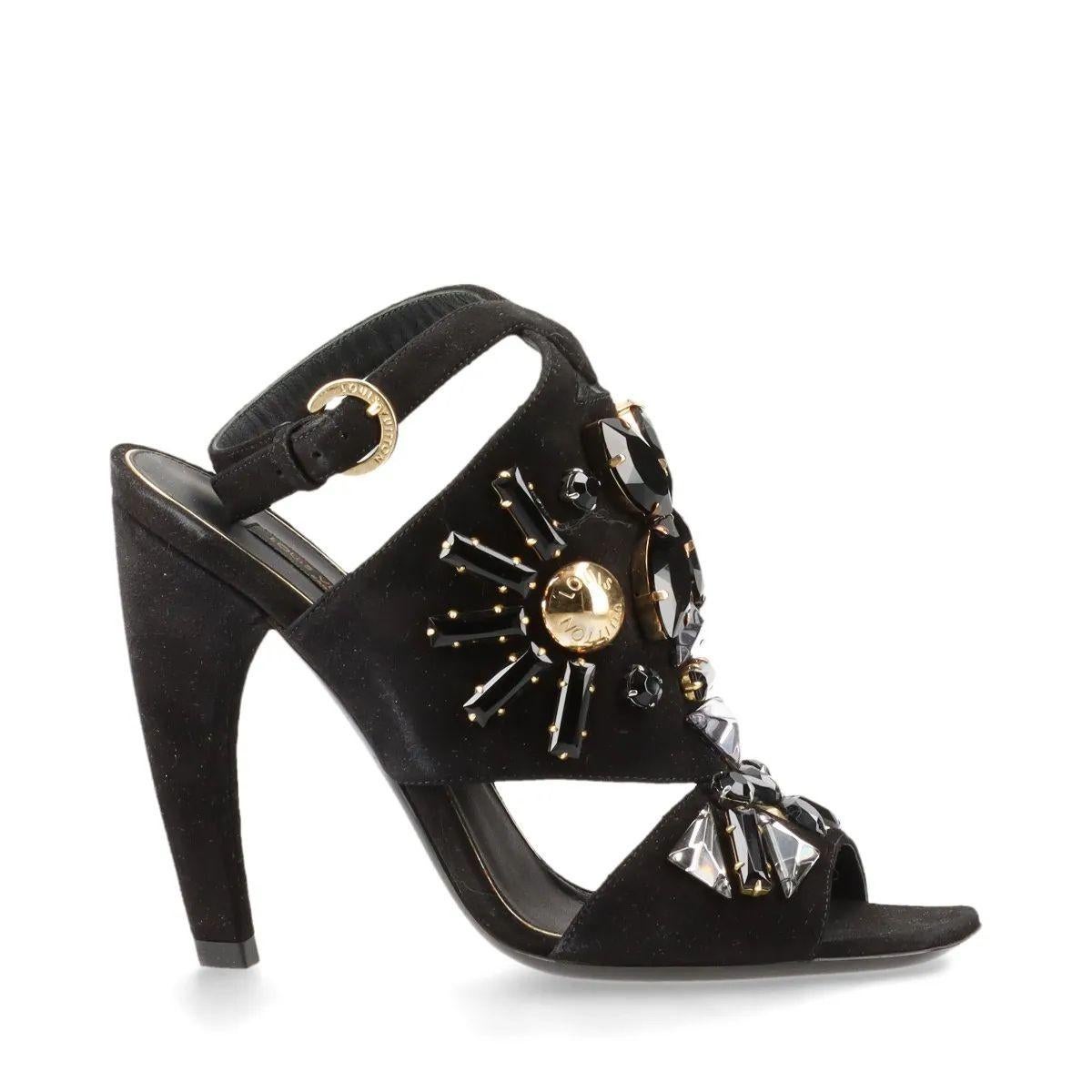 Women's Louis Vuitton Cut Out Crsytal Suede Sandal Black For Sale