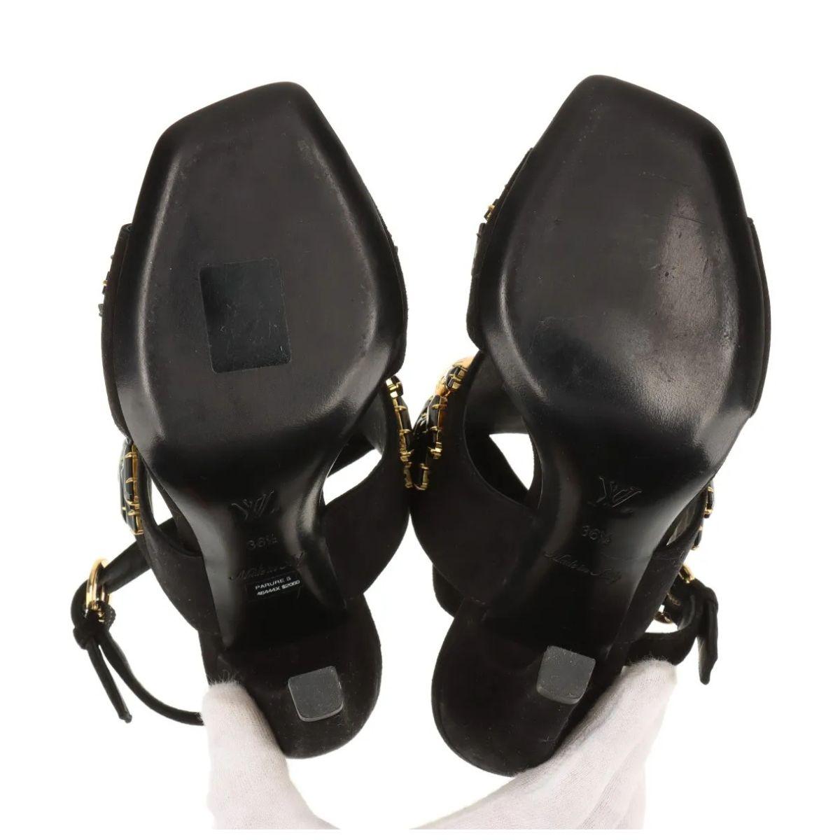 Louis Vuitton Cut Out Crsytal Suede Sandal Black For Sale 5