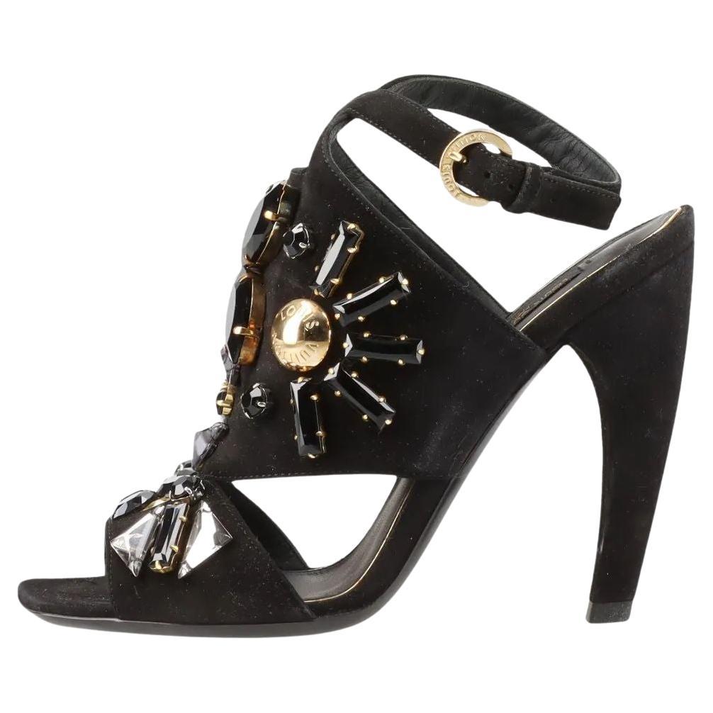 Louis Vuitton Cut Out Crsytal Suede Sandal Black For Sale