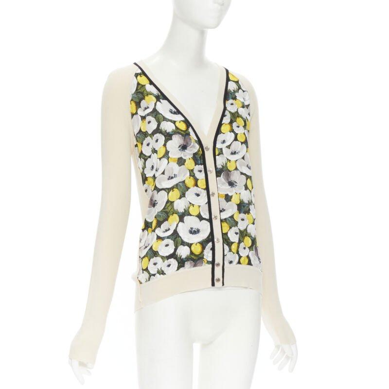 LOUIS VUITTON daisy lemon silk panel beige ribbed wool cardigan sweater M In Excellent Condition For Sale In Hong Kong, NT