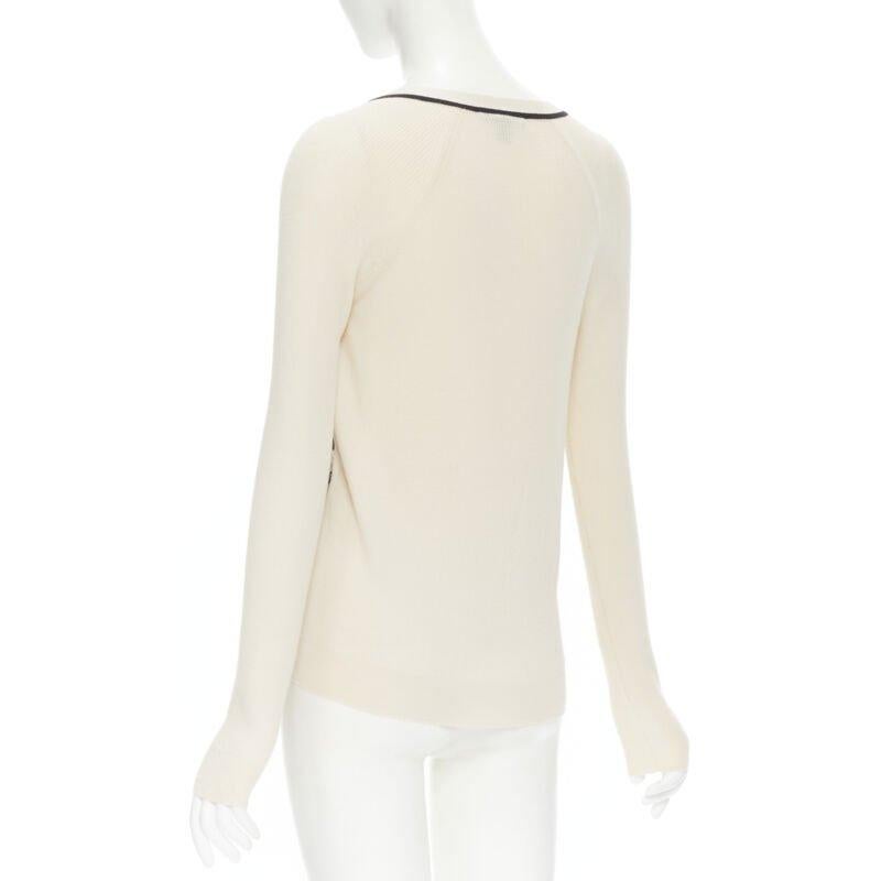 LOUIS VUITTON daisy lemon silk panel beige ribbed wool cardigan sweater M For Sale 2