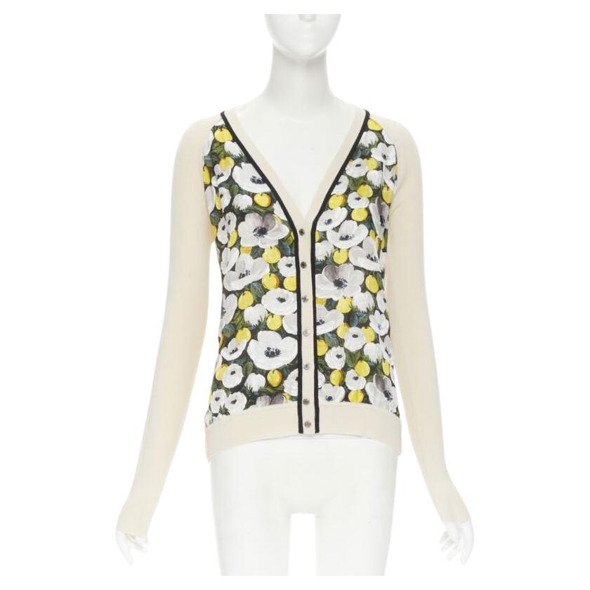 LOUIS VUITTON daisy lemon silk panel beige ribbed wool cardigan sweater M For Sale
