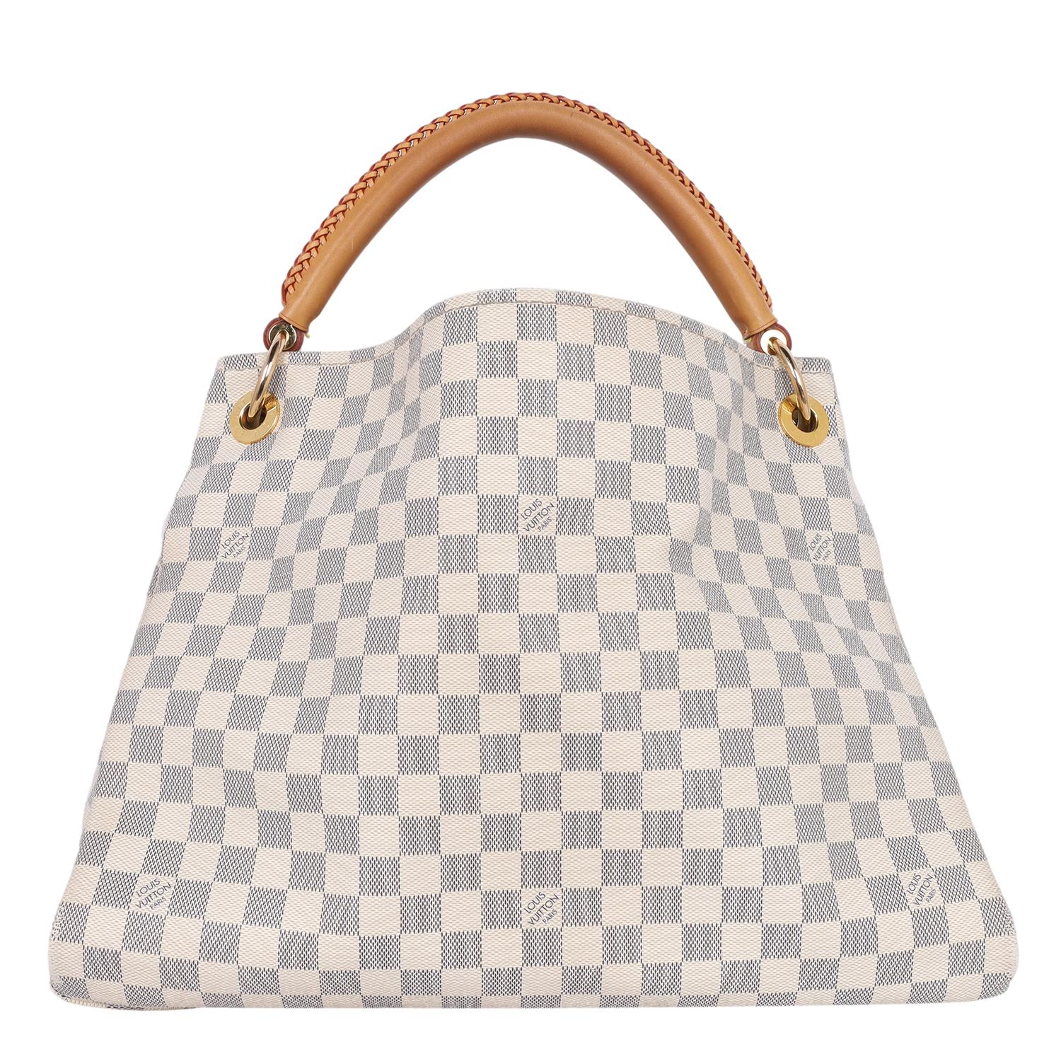 Authentic, pre-loved Louis Vuitton Damier Azur Artsy MM. Features signature Louis Vuitton Damier coated canvas, looping vachetta leather handle with woven detail, open top closure that opens to a beige microfiber interior with zipper, d ring and