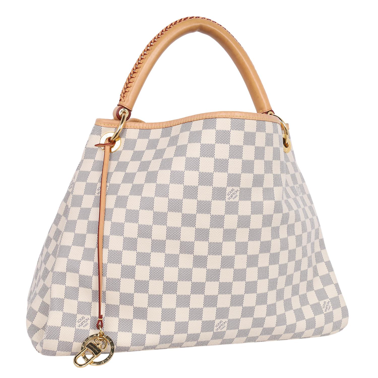 Authentic, pre-owned Louis Vuitton Damier Azur Artsy MM. Features signature Louis Vuitton Damier coated canvas, looping vachetta leather handle with woven detail, open top closure that opens to a beige microfiber interior with zipper, d ring and 3