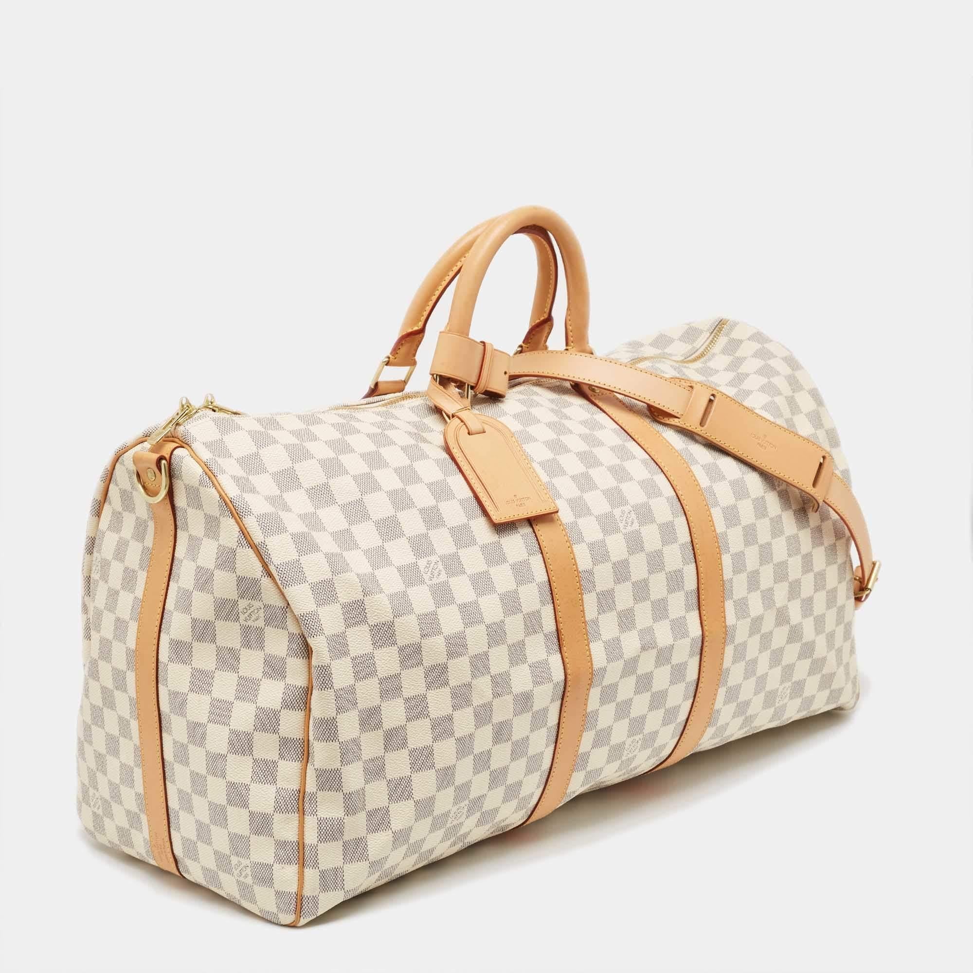 Louis Vuitton Damier Azur Canvas Keepall Bandouliere 55 Bag In Excellent Condition For Sale In Dubai, Al Qouz 2