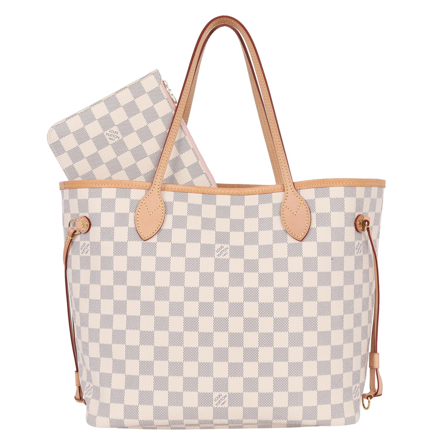 Authentic, pre-owned Louis Vuitton Azur Neverfull MM tote. This stylish tote is crafted of classic Louis Vuitton canvas. Features complimentary leather shoulder straps, trim, side cinch cords, and polished brass hardware. The wide top is open to a