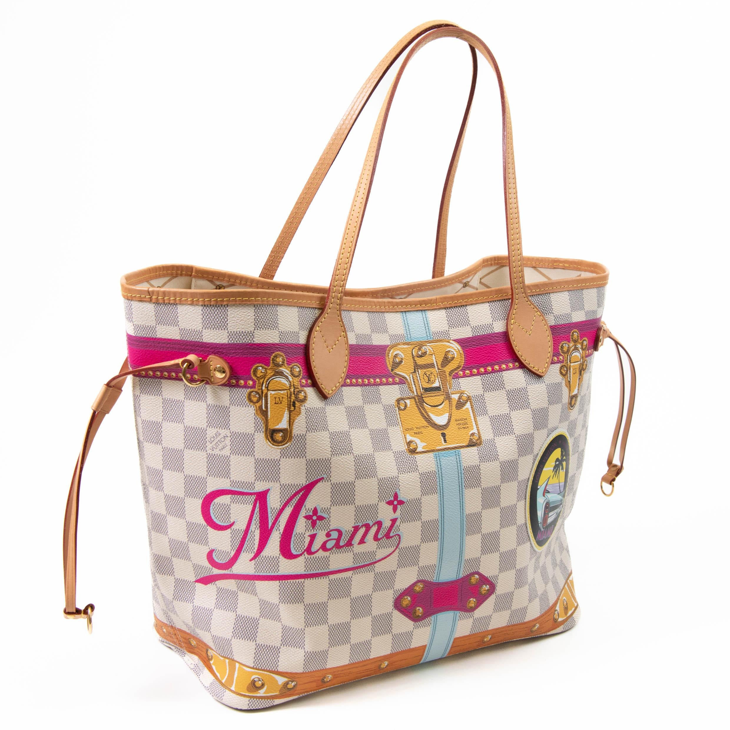 100% Authentic

This stylish handbag is crafted of Louis Vuitton signature damier checkered canvas in azur blue and white with a print of Louis Vuitton luggage trunk and a Louis Vuitton Miami leather patch. This shoulder bag features vachetta