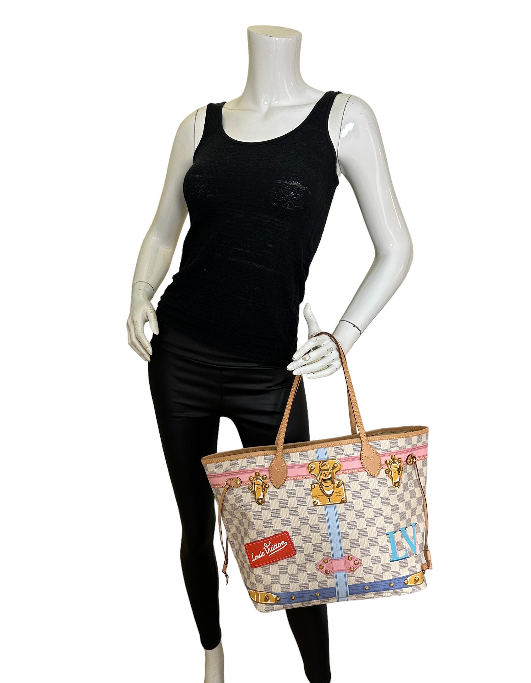 Louis Vuitton Damier Azur Summer Trunks Neverfull MM Tote Bag

Made In: USA
Year of Production: 2018
Color: White, grey, blue, pink, gold
Hardware: Goldtone
Materials: Coated canvas, vachetta leather trim
Lining: Printed canvas
Closure/Opening: Open