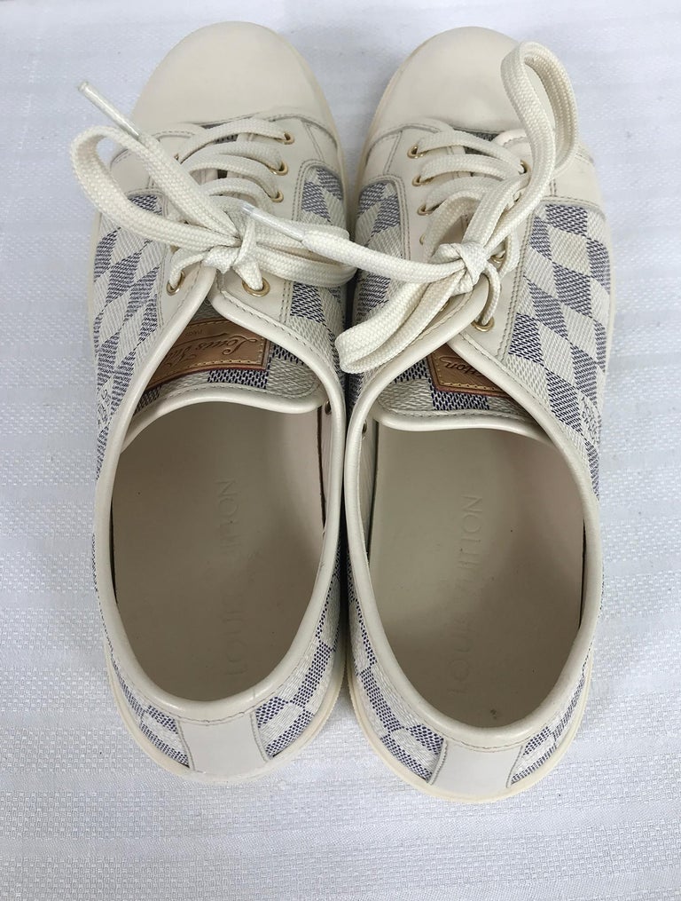 Louis Vuitton Damier Azur Womens Cream Leather Sneakers Gold Hardware 8 1/2  For Sale at 1stDibs