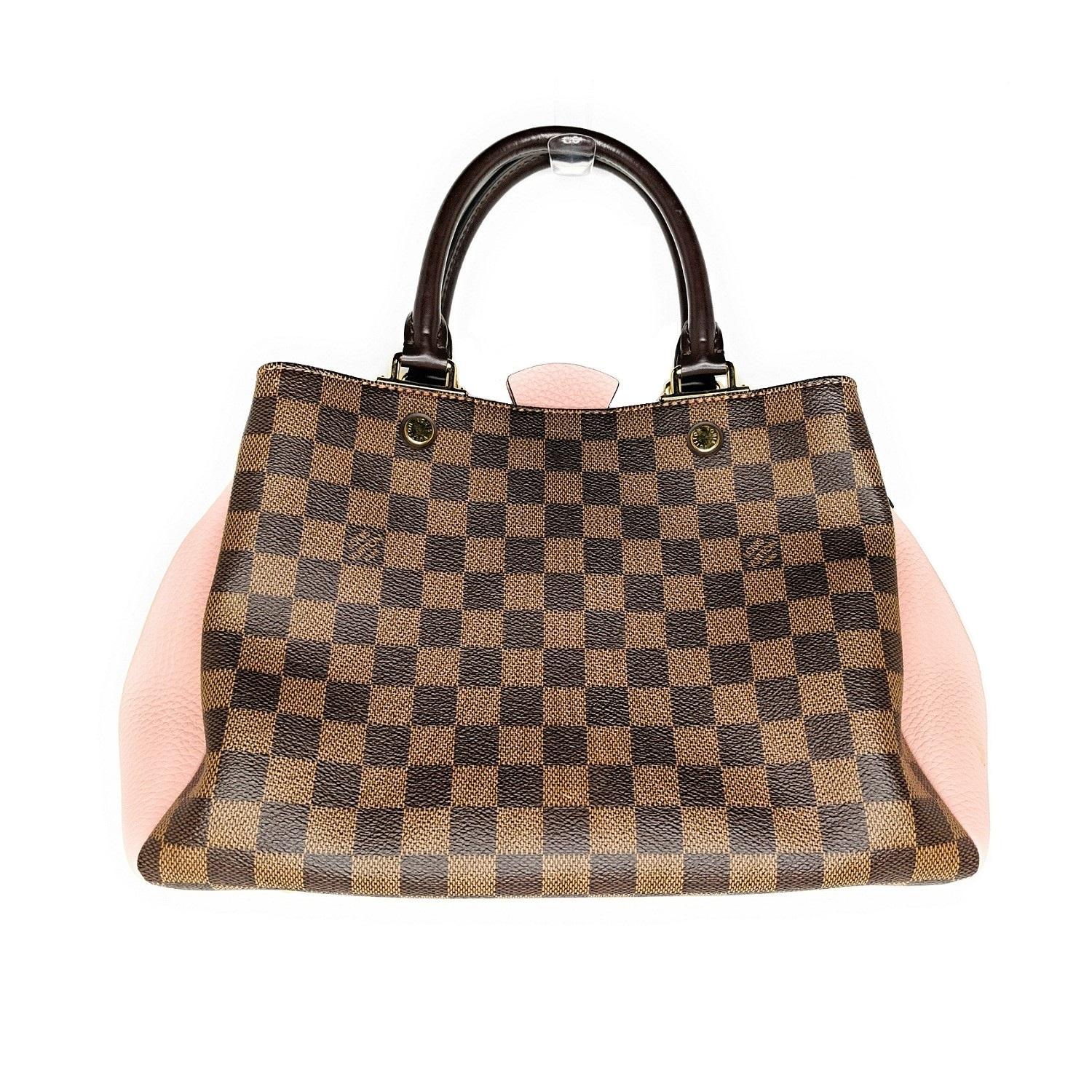 Brown and tan Damier Ebene coated canvas Louis Vuitton Brittany handle bag with brass hardware, dual rolled top handles, single detachable flat shoulder strap, pink leather trim, protective feet at base, pink Alcantara lining, three interior