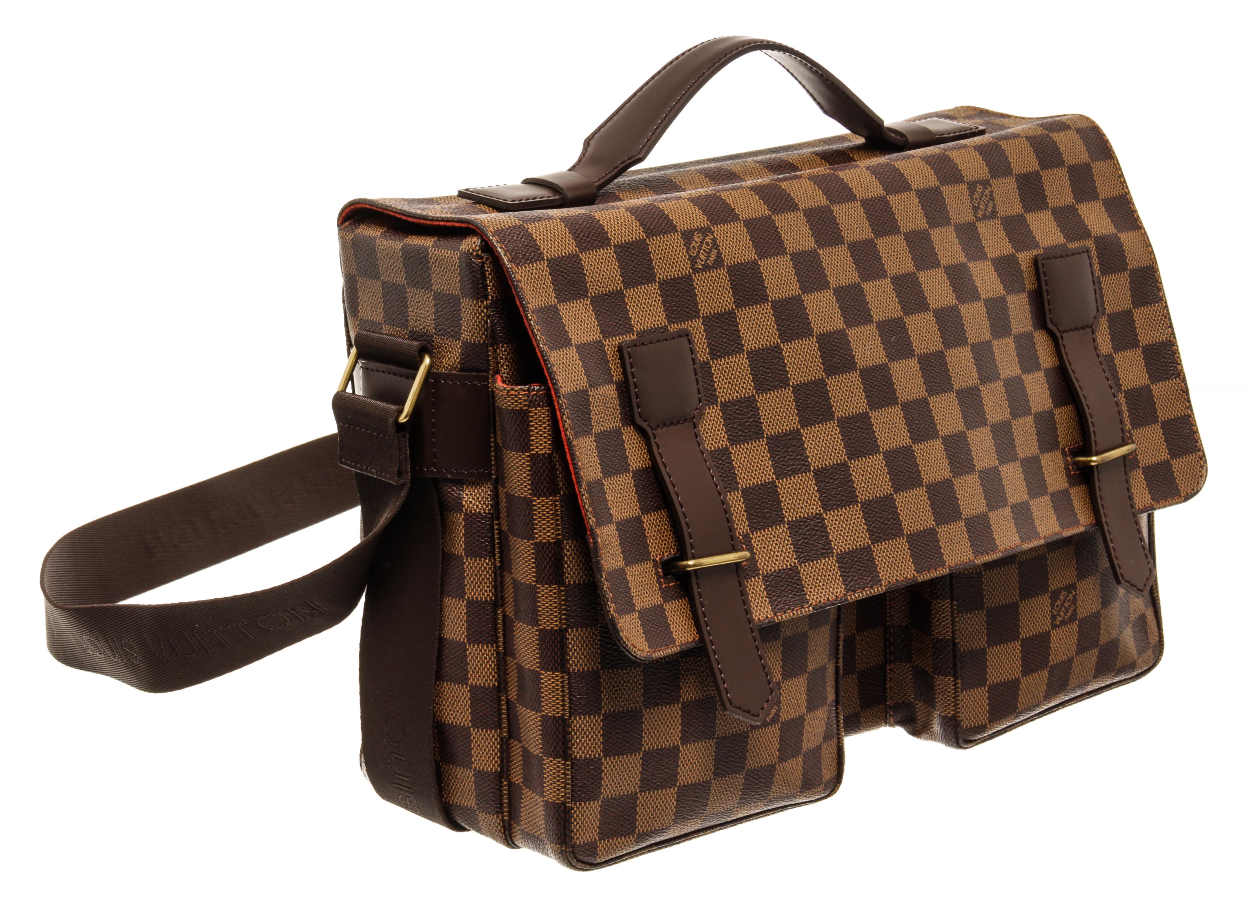 Louis Vuitton Damier Ebene Broadway crossbody bag with top handle, adjustable fabric strap, red fabric lining, two interior slip pockets, two exterior pockets on the front side, gold-tone hardware, and flap and strap closure.

60127MSC