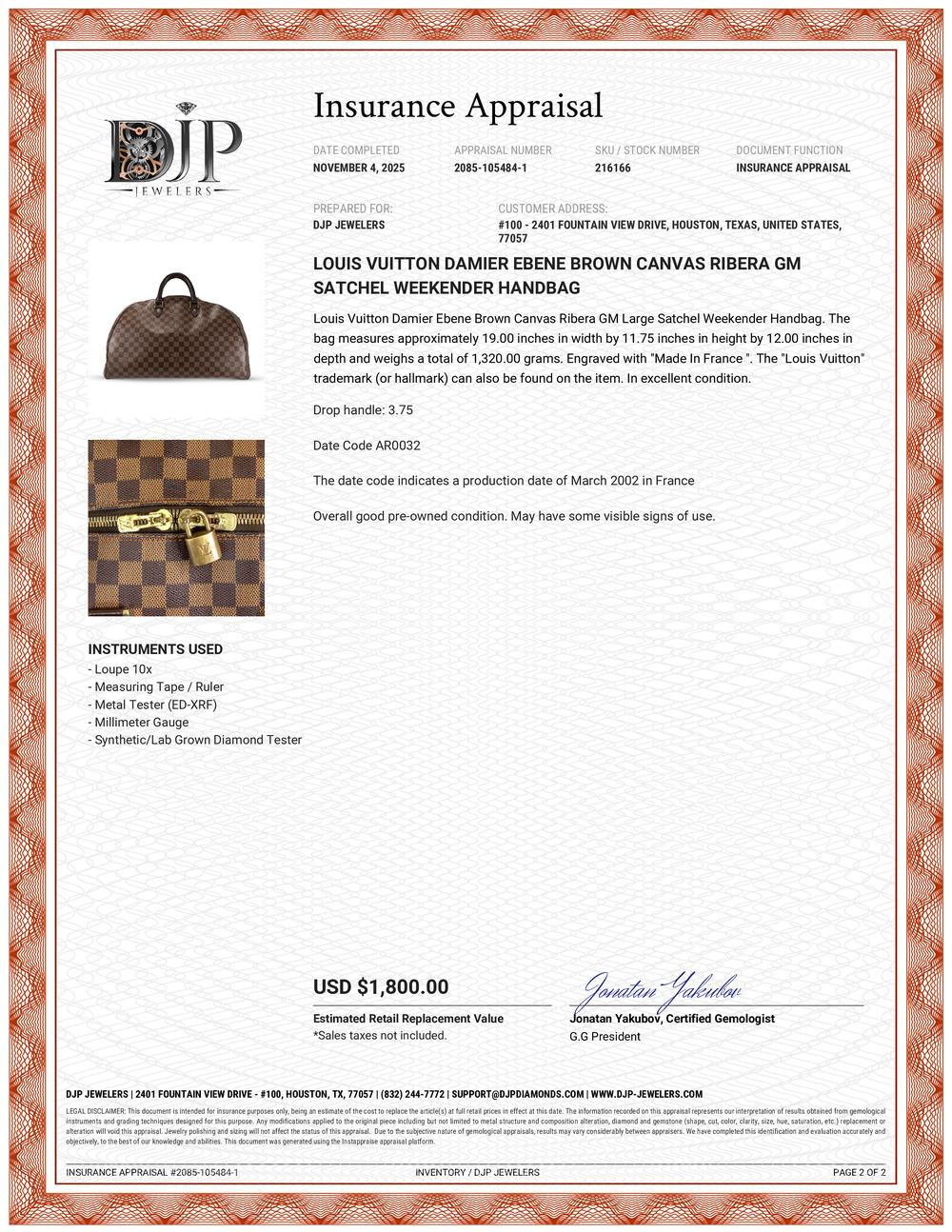 Louis Vuitton Damier Ebene Brown Canvas Ribera GM Satchel Weekender Handbag en vente 8