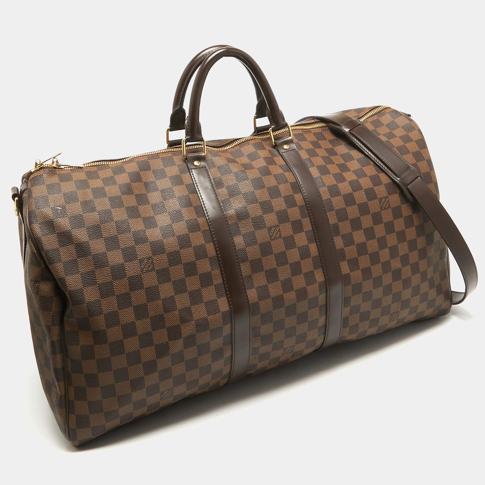 Louis Vuitton Damier Ebene Canvas Keepall Bandouliere 55 Tasche aus Segeltuch im Angebot 9