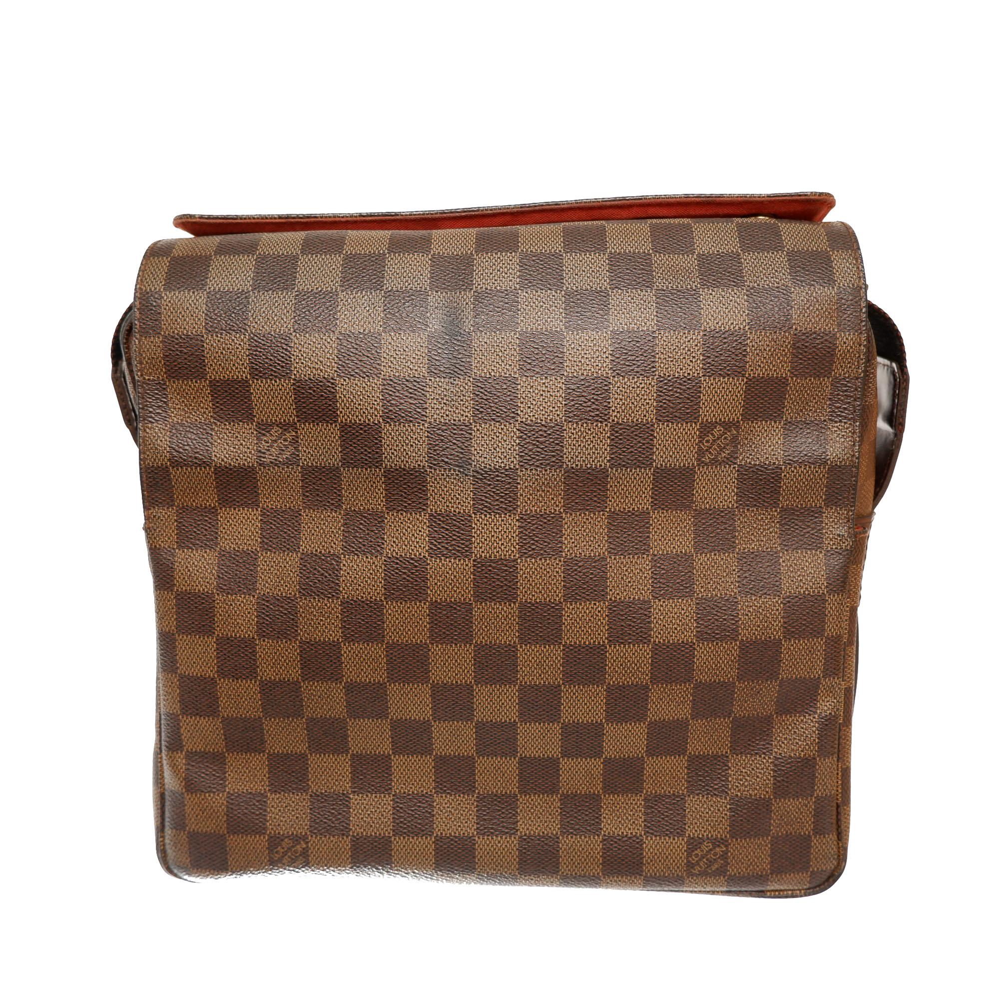 Brown and tan Damier Ebene coated canvas Louis Vuitton Naviglio messenger bag with gold-tone hardware, walnut leather trim, single adjustable flat shoulder strap, three interior compartments; one with zip closure, red woven lining, single slip