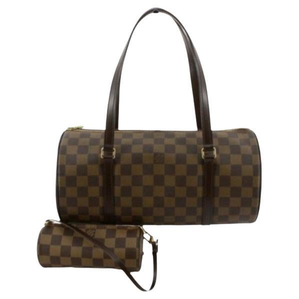 Damier Ebene Papillon 30cm Handtasche aus Segeltuch mit Lederbesatz