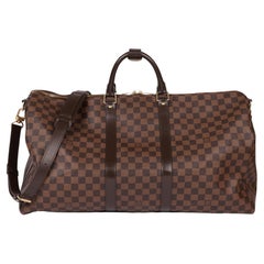 Used Louis Vuitton Damier Ebene Coated Canvas & Brown Calfskin Leather Keepall 55 