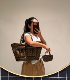 Louis Vuitton Damier Ebene Coated Canvas & Brown Calfskin Leather Manosque GM