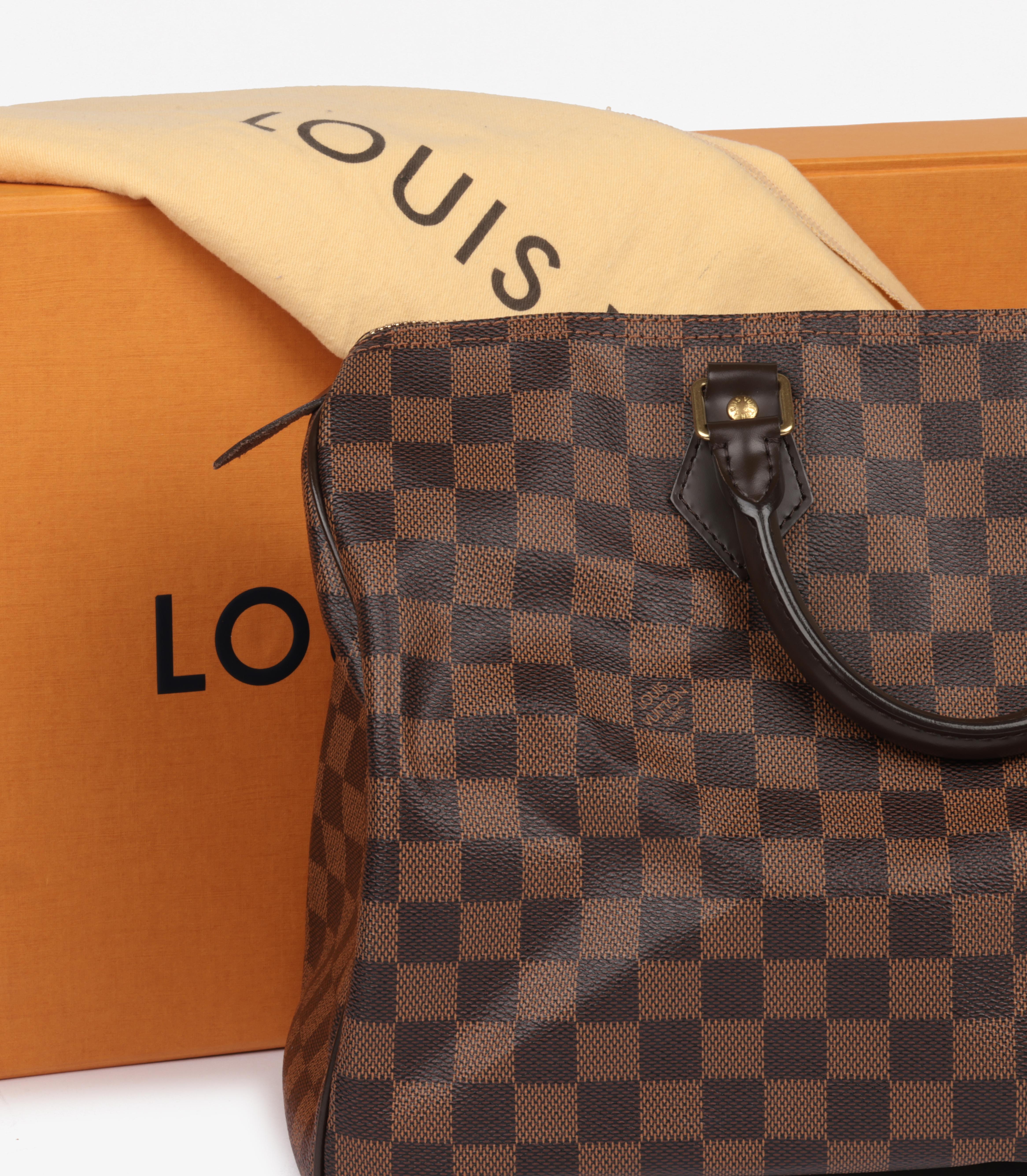 Louis Vuitton Damier Ebene Coated Canvas & Brown Calfskin Leather Speedy 35 9