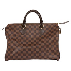 Used Louis Vuitton Damier Ebene Coated Canvas & Brown Calfskin Leather Speedy 35