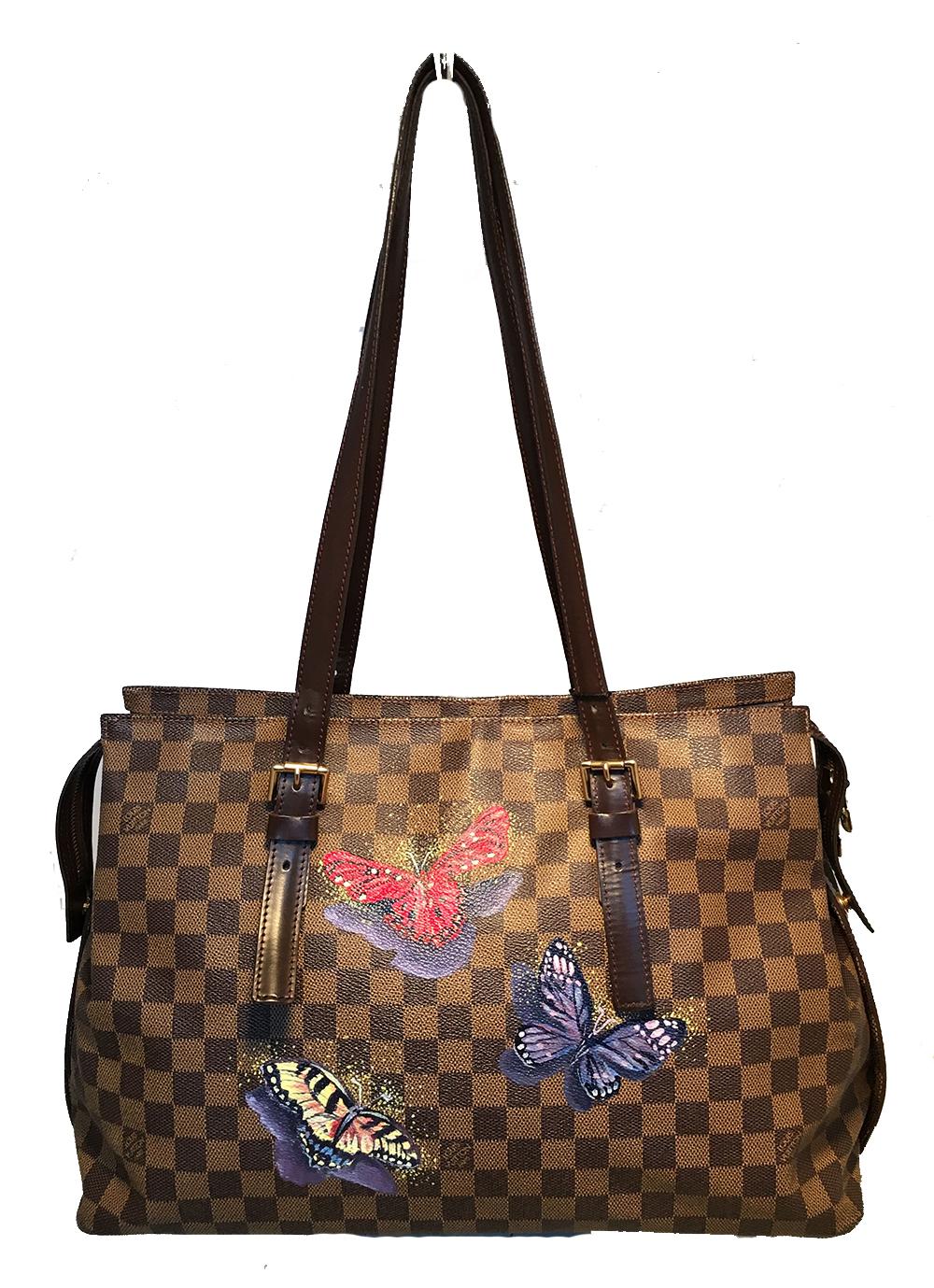 Louis Vuitton Damier Ebene Customized Hand Painted Butterfly Chelsea Shoulder Bag Tote in excellent condition. Signature brown square checker print damier ebene canvas trimmed with dark brown leather and gold hardware. Customized, Hand painted