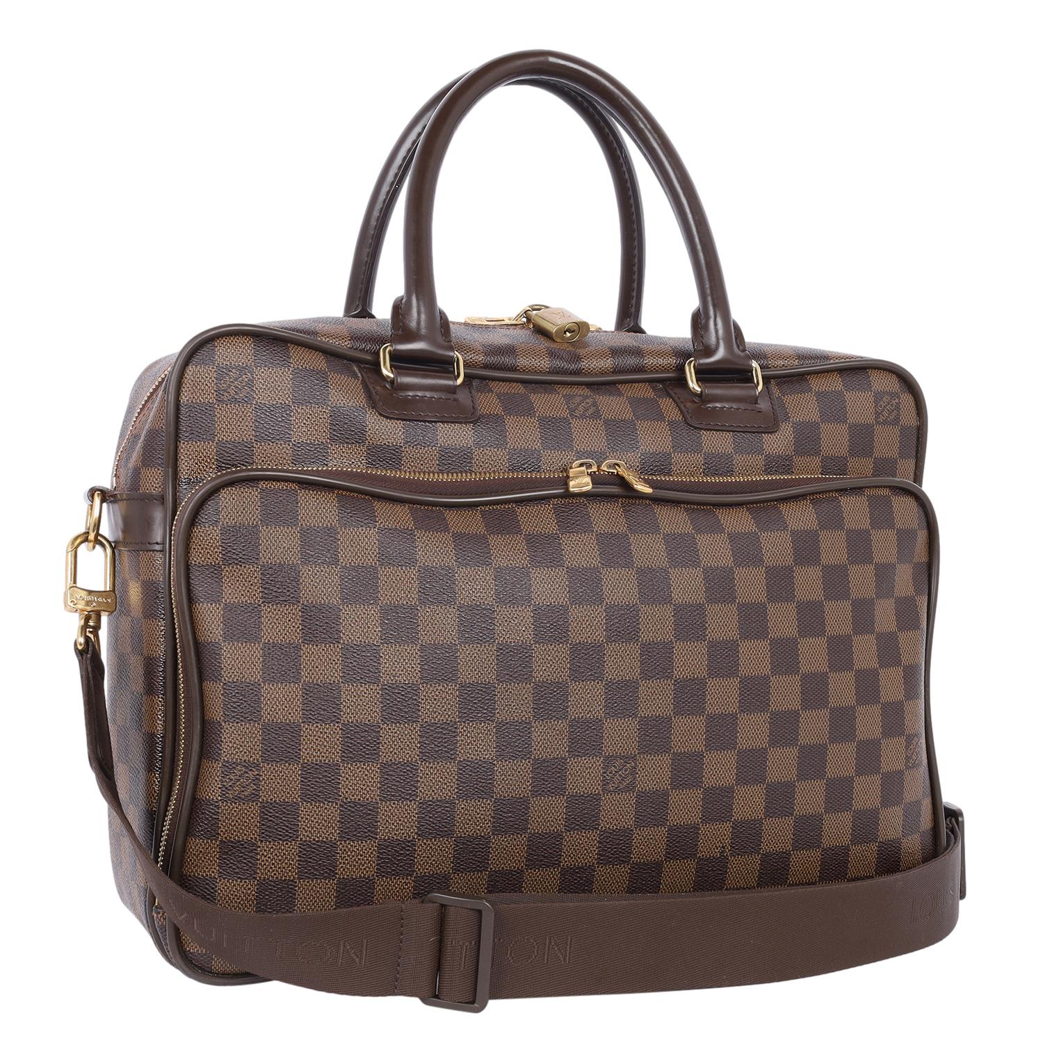 Authentic, pre-loved Louis Vuitton Icare messenger bag in brown Damier Ebene canvas. Features Damier Ebene canvas, top leather handles, dual zipper top closure, front pocket with dual zippers, gold tone hardware. The Interior has an brown lining