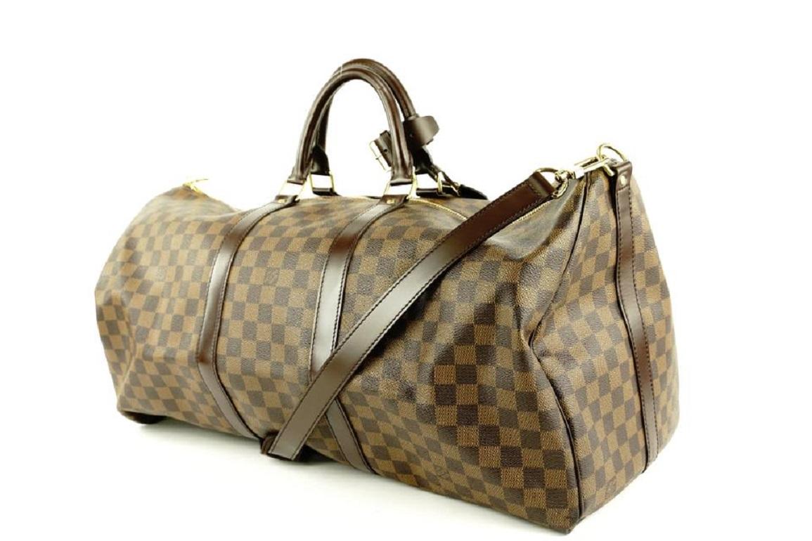 Louis Vuitton Damier Ebene Keepall Bandouliere 55 Duffle Bag with Strap 1lvlm311 In Good Condition In Dix hills, NY