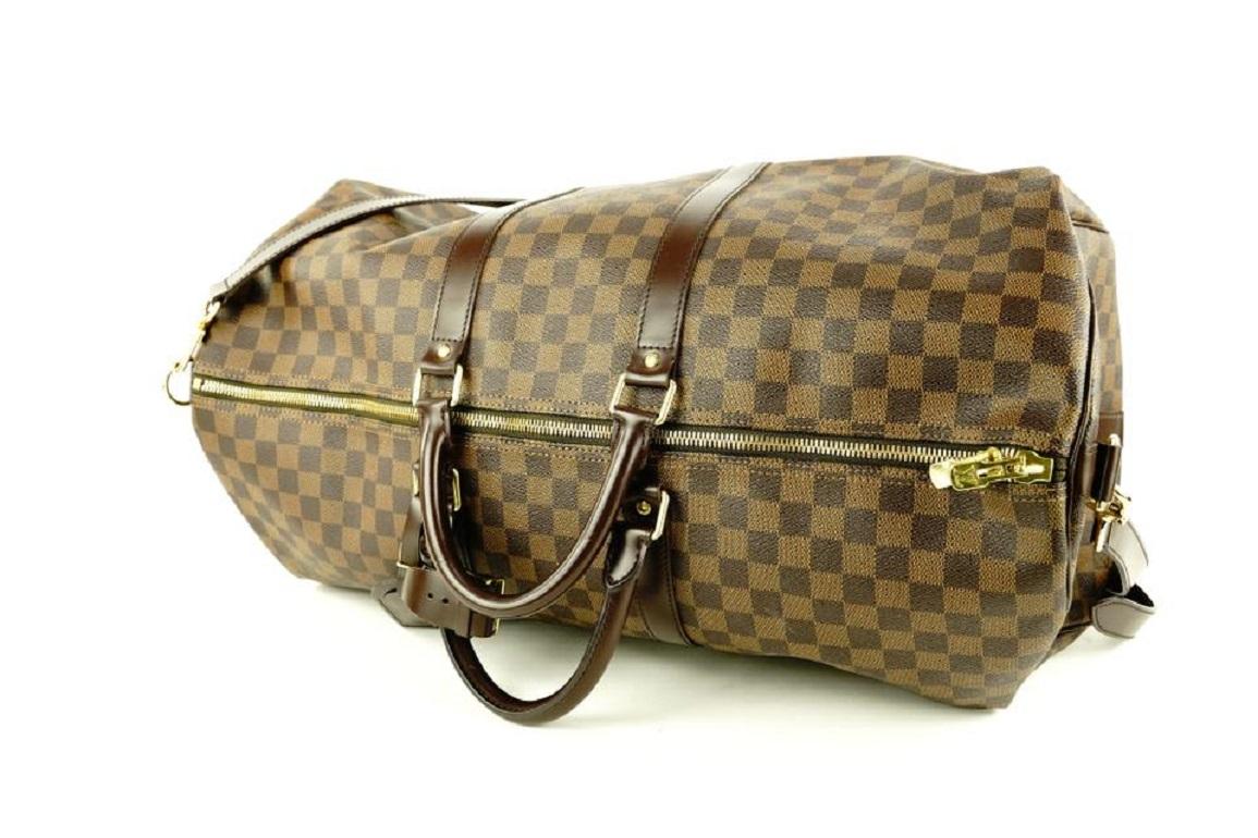 Women's Louis Vuitton Damier Ebene Keepall Bandouliere 55 Duffle Bag with Strap 1lvlm311