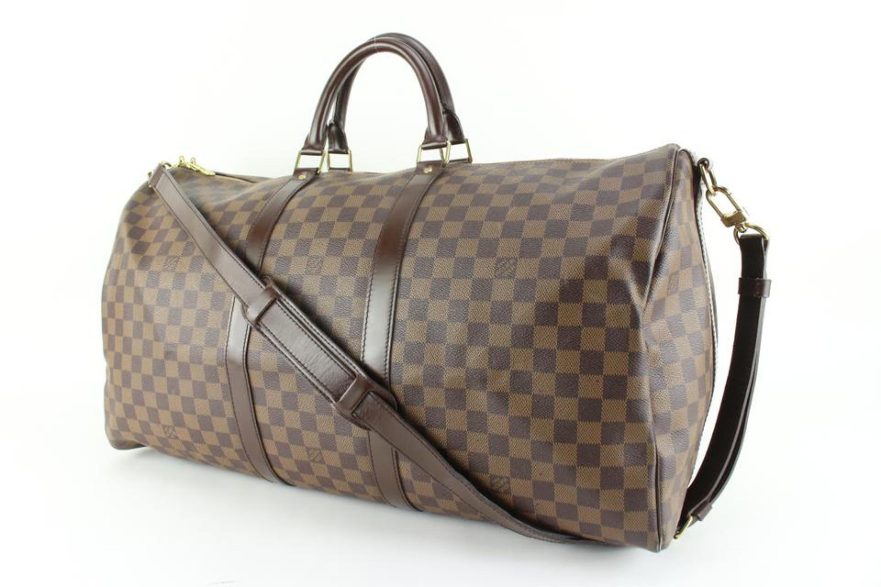 Gray Louis Vuitton Damier Ebene Keepall Bandouliere 55 Duffle Bag with Strap 99lk729s For Sale