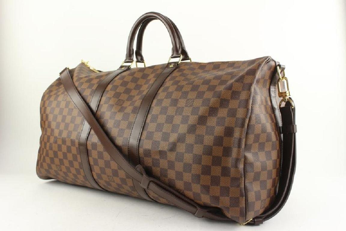 Louis Vuitton Damier Ebene Keepall Bandouliere 55 Duffle Bag with Strap 9lv62 

