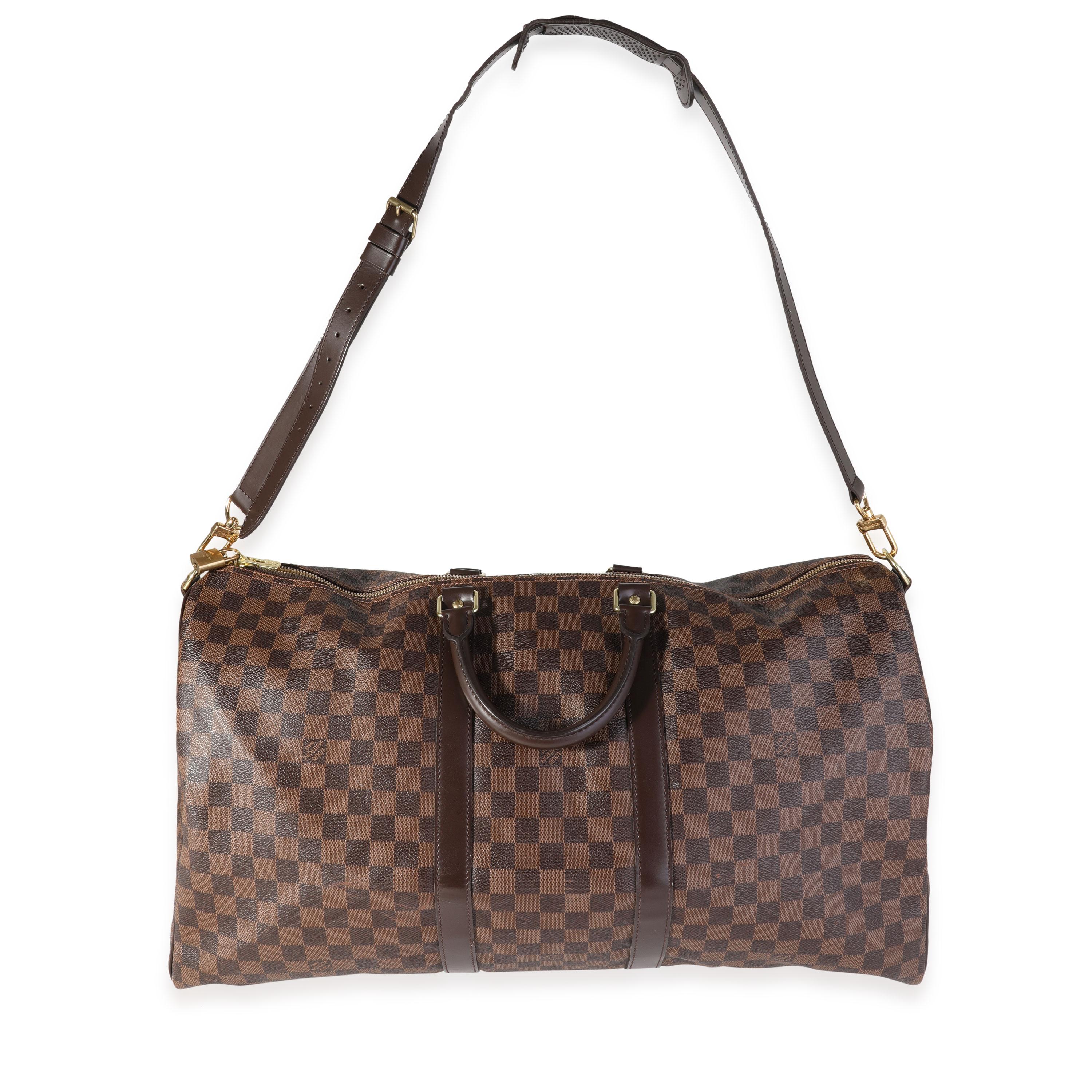 Listing Title: Louis Vuitton Damier Ebene Keepall Bandoulière 55
SKU: 119407
MSRP: 2570.00
Condition: Pre-owned (3000)
Handbag Condition: Very Good
Condition Comments: Scuffing to corners. Wear to interior. Missing key.
Brand: Louis Vuitton
Model: