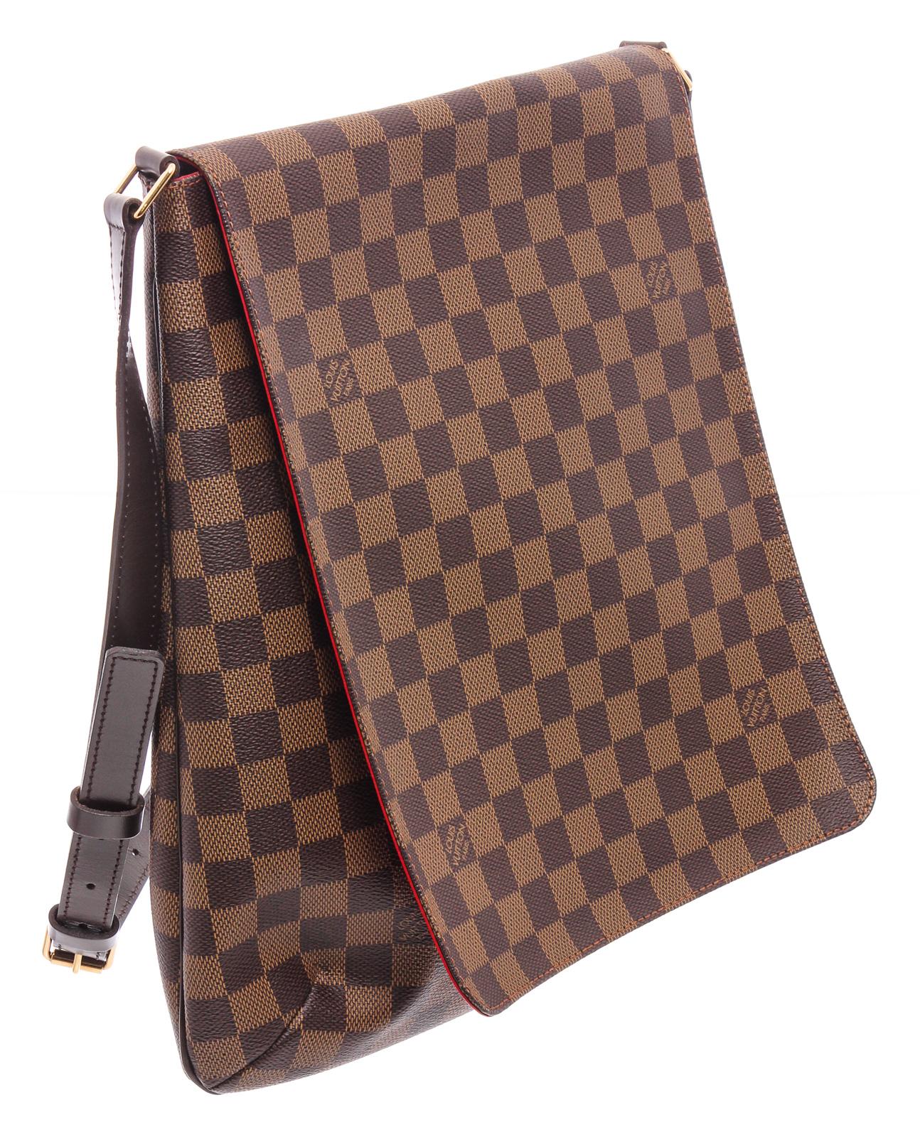 Brown damier ebene coated canvas Louis Vuitton Musette Salsa GM with brass hardware, leather accents, adjustable flat shoulder strap, brown leather alining, single pocket at interior wall and fold-over flap closure at front.

22139MSC MLA
