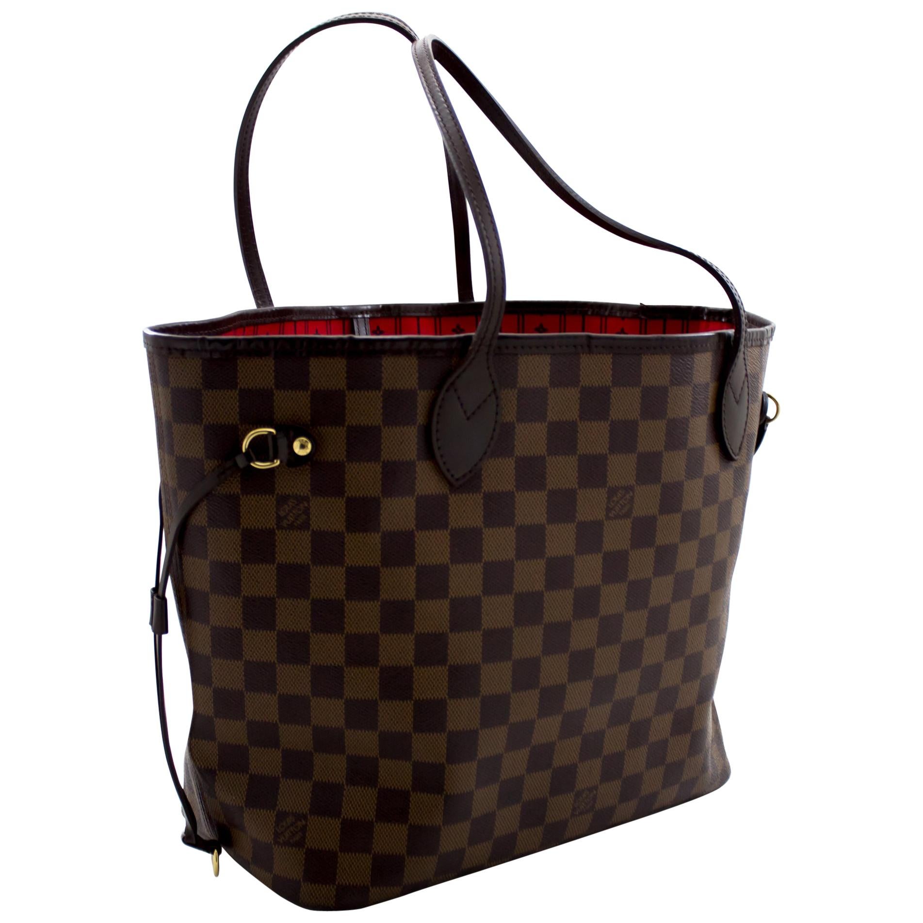 Louis Vuitton Damier Ebene Neverfull MM Shoulder Bag Canvas Purse Leather