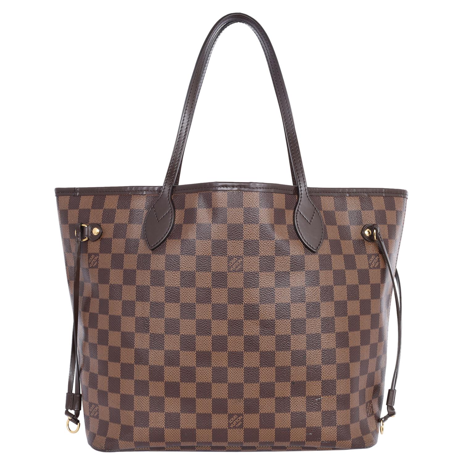Authentic, pre-loved Louis Vuitton Brown Damier Ebene Neverfull MM tote. This stylish tote is crafted of classic Louis Vuitton canvas. Features complimentary leather shoulder straps, trim, side cinch cords, and polished brass hardware. The wide top