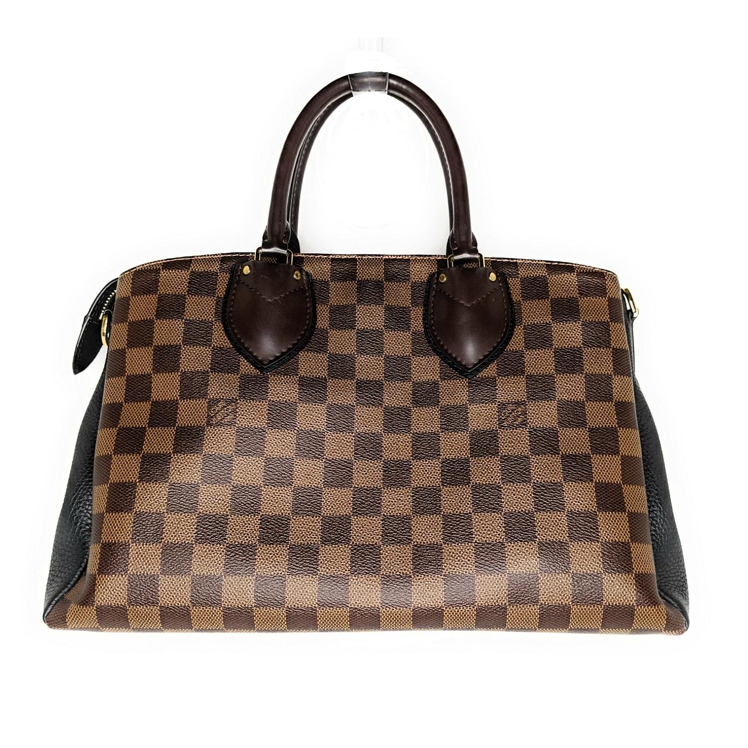 Chocolate and brown Damier Ebene coated canvas Louis Vuitton Normandy with gold-tone hardware, single flat optional leather shoulder strap, dual rolled leather top handles, tonal leather trim, black leather trim, protective feet at base, three