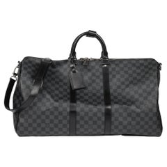 LOUIS VUITTON Damier Graphite Coated Canvas & Black Calfskin Leather Keepall 55 