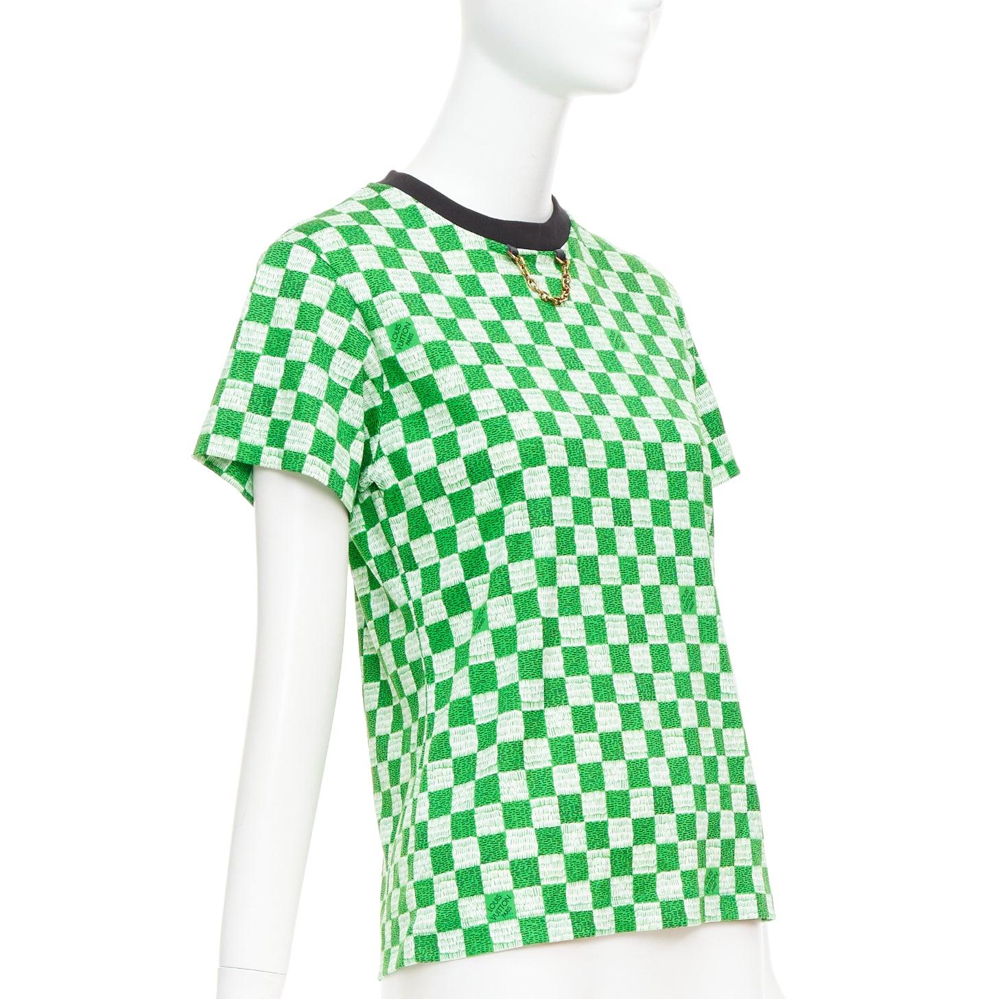 Green LOUIS VUITTON Damier green white cotton LV print chain detail tshirt XS For Sale