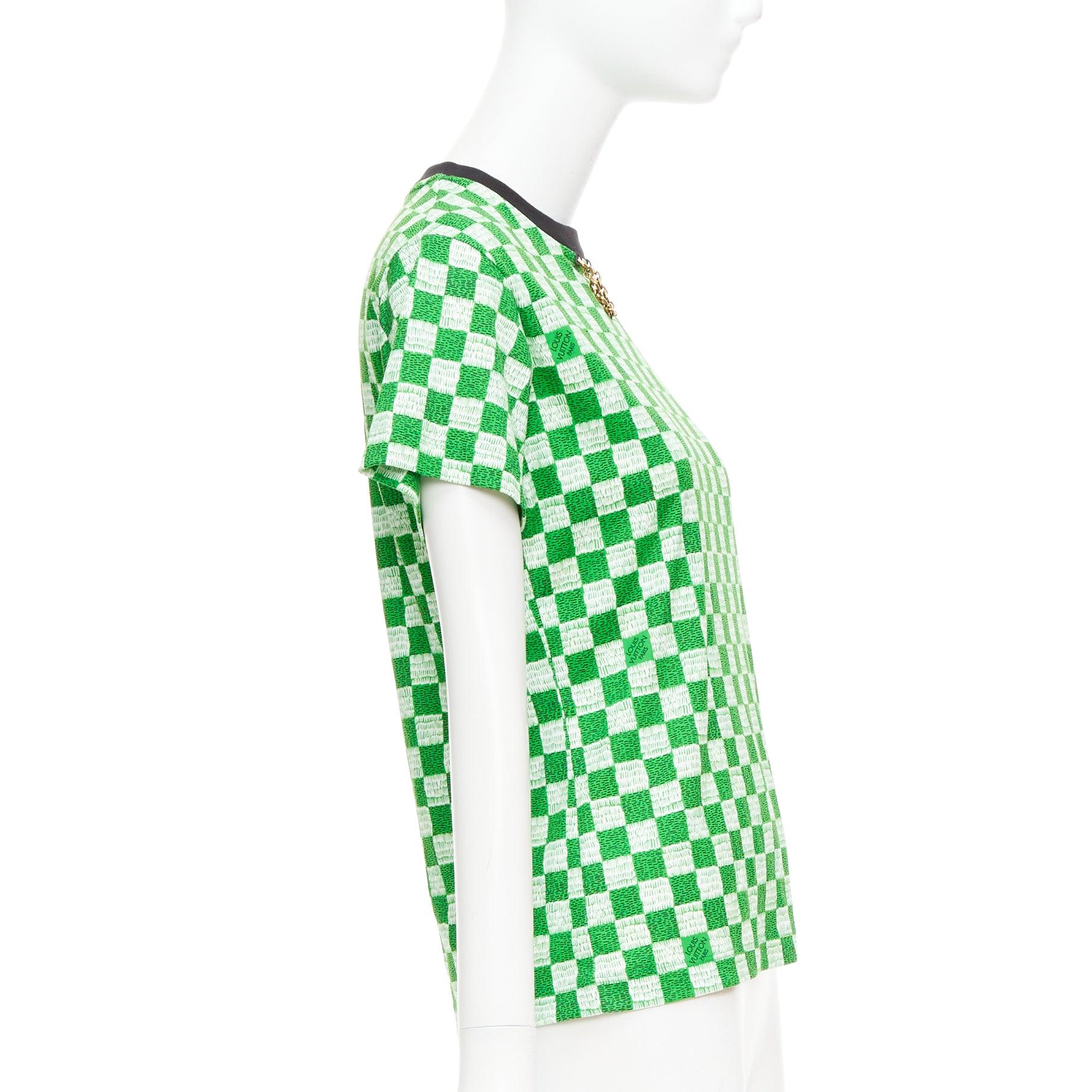 LOUIS VUITTON Damier green white cotton LV print chain detail tshirt XS In Excellent Condition For Sale In Hong Kong, NT