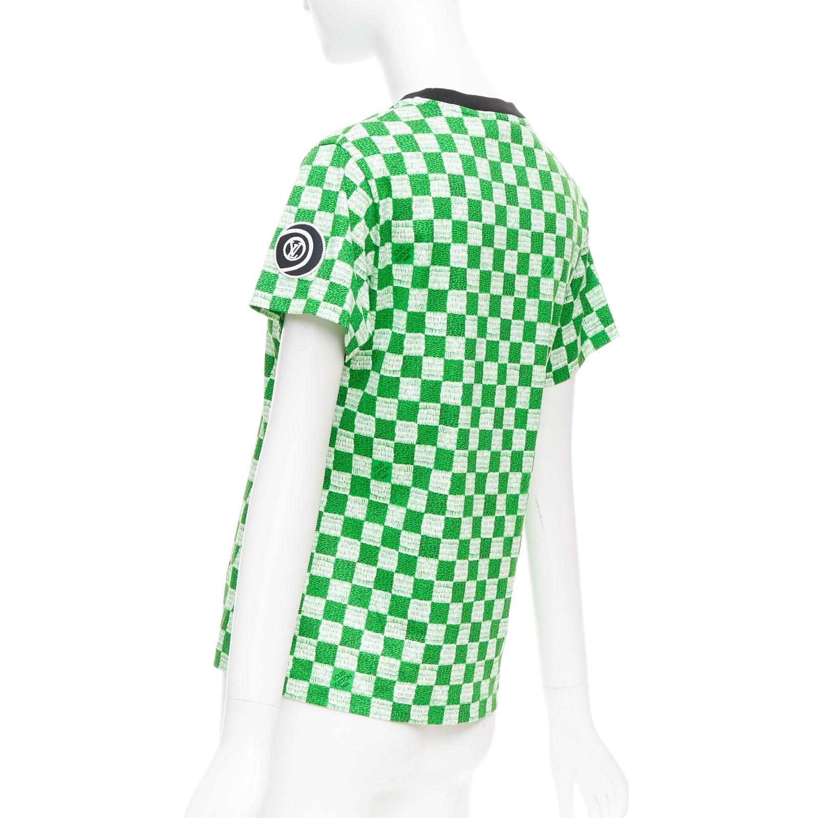 LOUIS VUITTON Damier green white cotton LV print chain detail tshirt XS For Sale 1