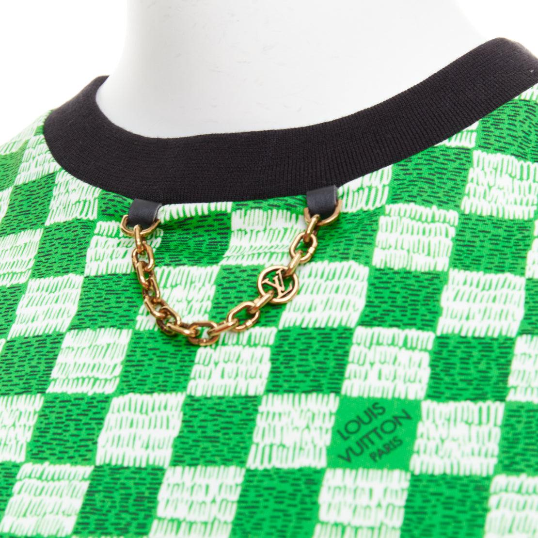 LOUIS VUITTON Damier green white cotton LV print chain detail tshirt XS For Sale 2