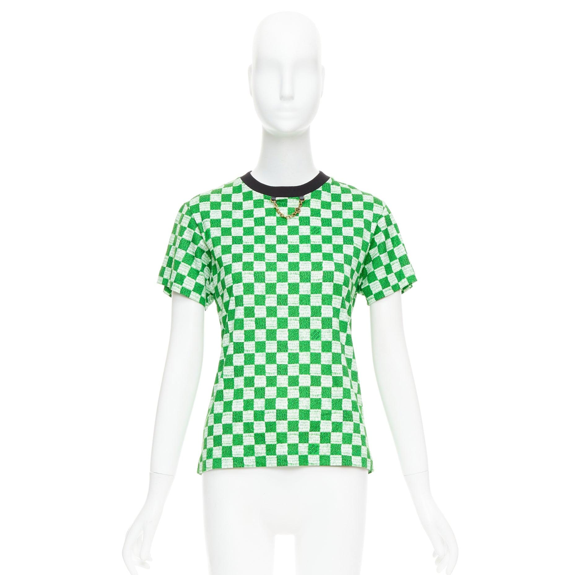 LOUIS VUITTON Damier green white cotton LV print chain detail tshirt XS For Sale 4