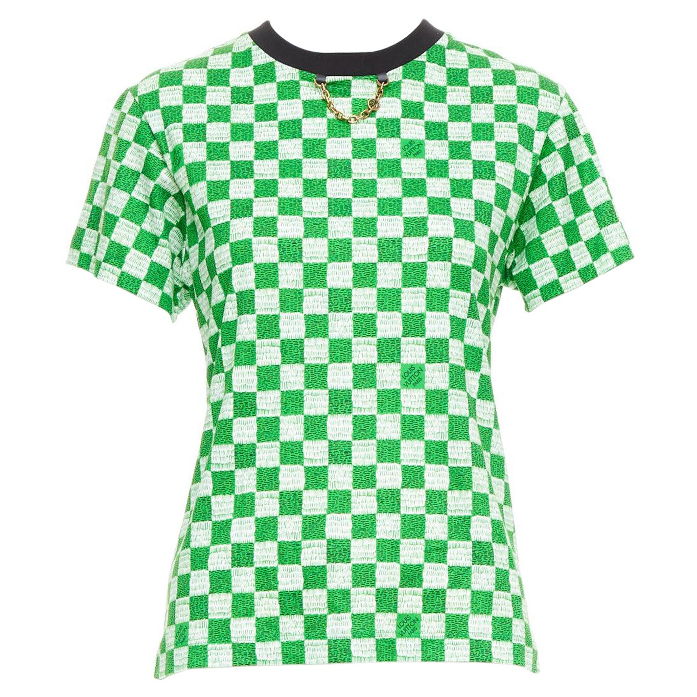 LOUIS VUITTON Camiseta Damier verde algodón blanco estampado LV detalle cadena XS en venta