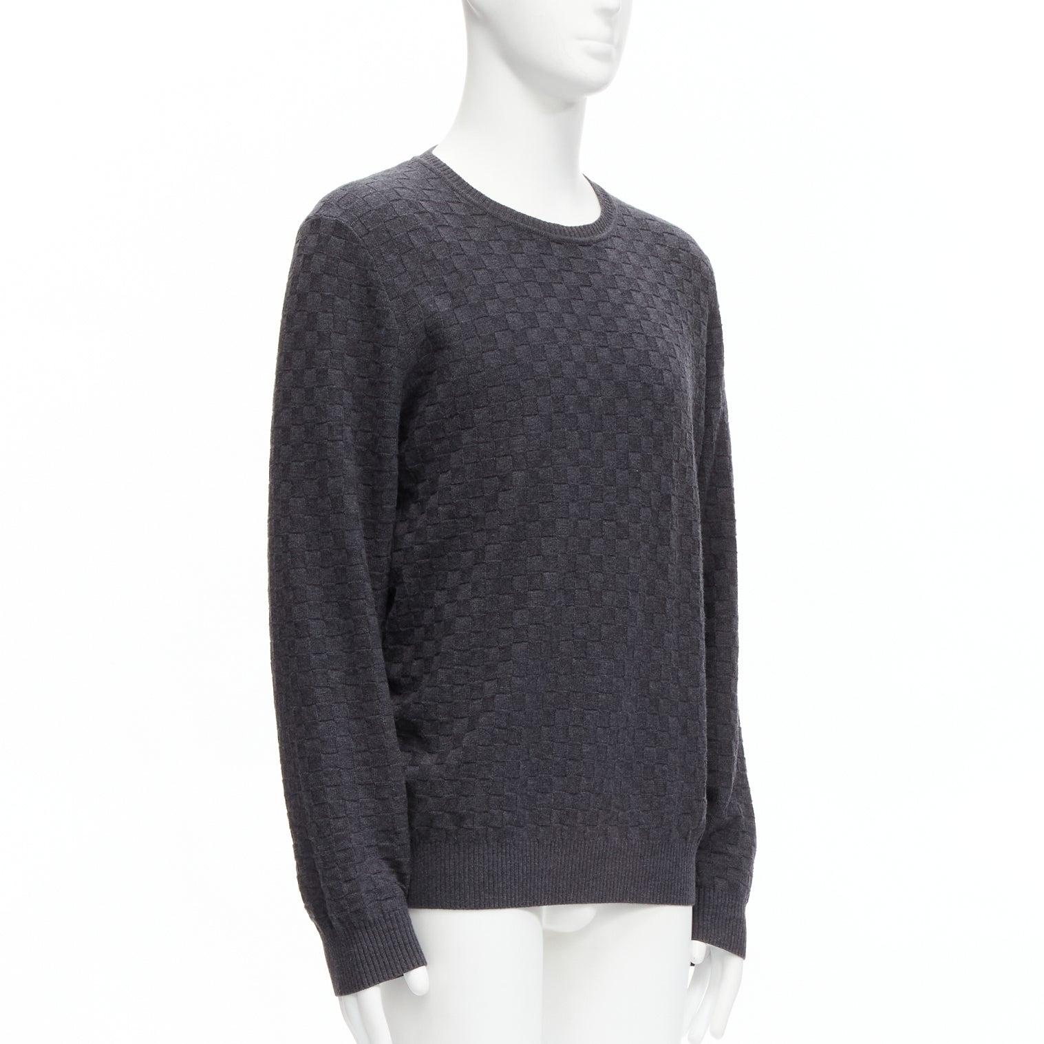 Black LOUIS VUITTON Damier grey wool cotton checks LV leather patch sweater L For Sale