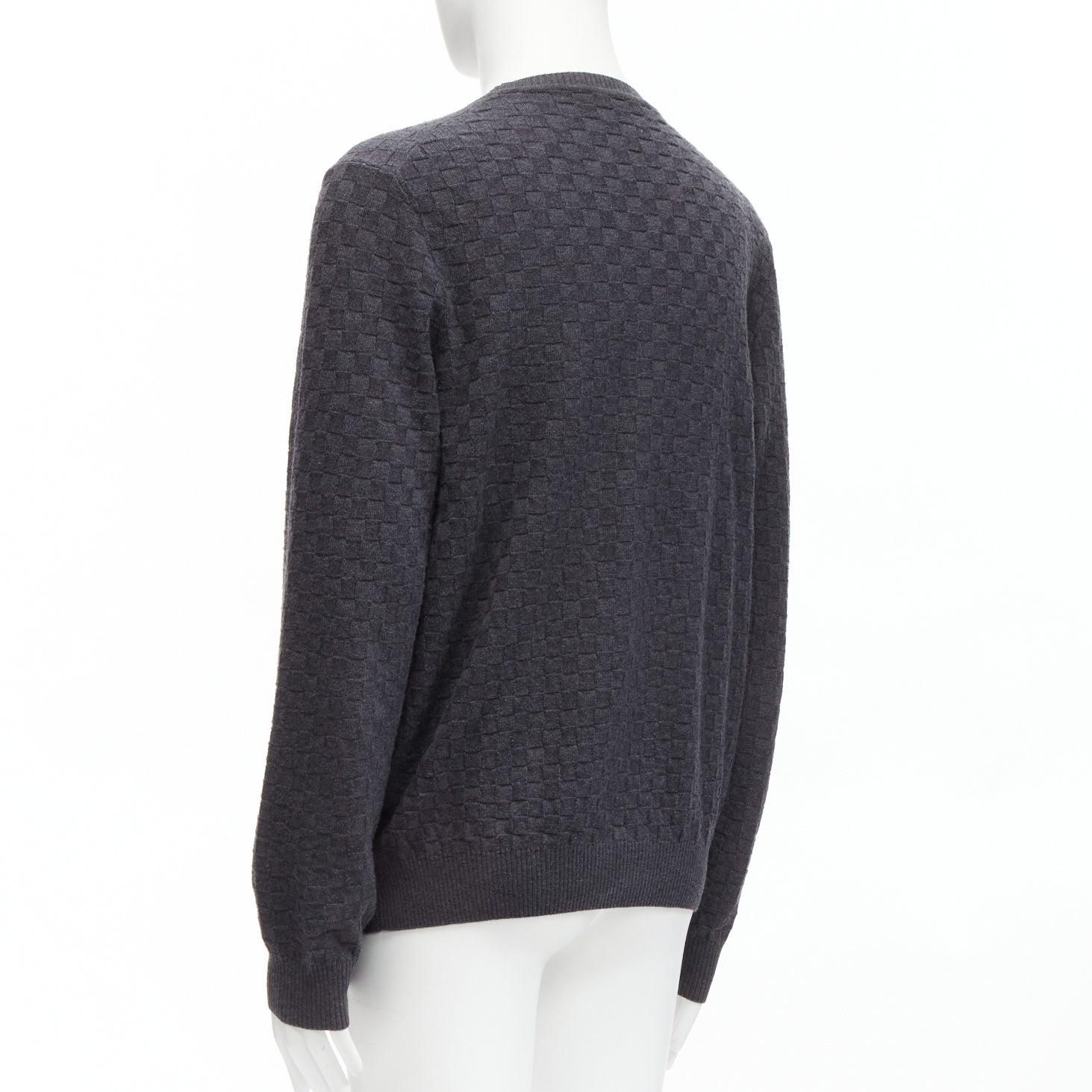 Men's LOUIS VUITTON Damier grey wool cotton checks LV leather patch sweater L For Sale
