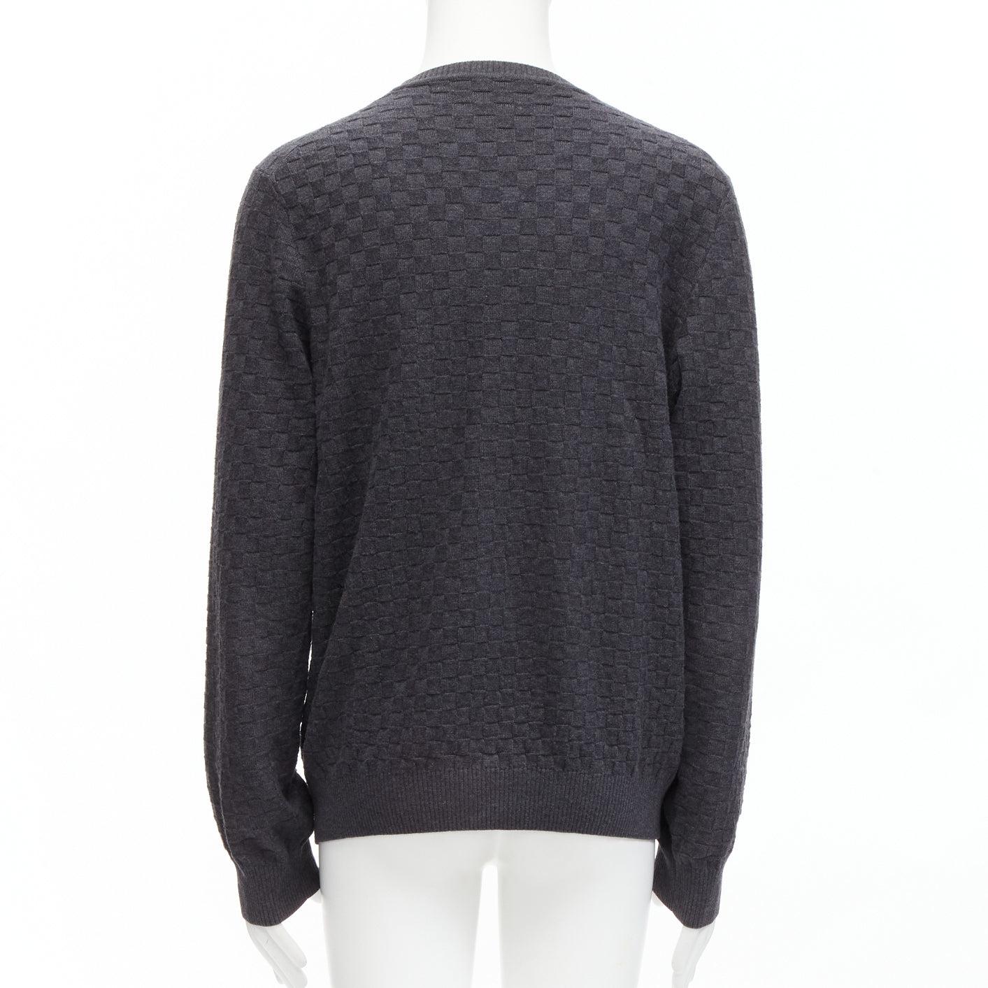 LOUIS VUITTON Damier gris laine coton carreaux LV cuir patch pull L en vente 1