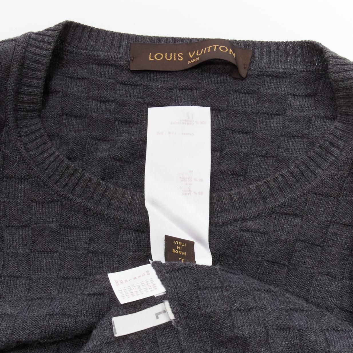 LOUIS VUITTON Damier grey wool cotton checks LV leather patch sweater L For Sale 3