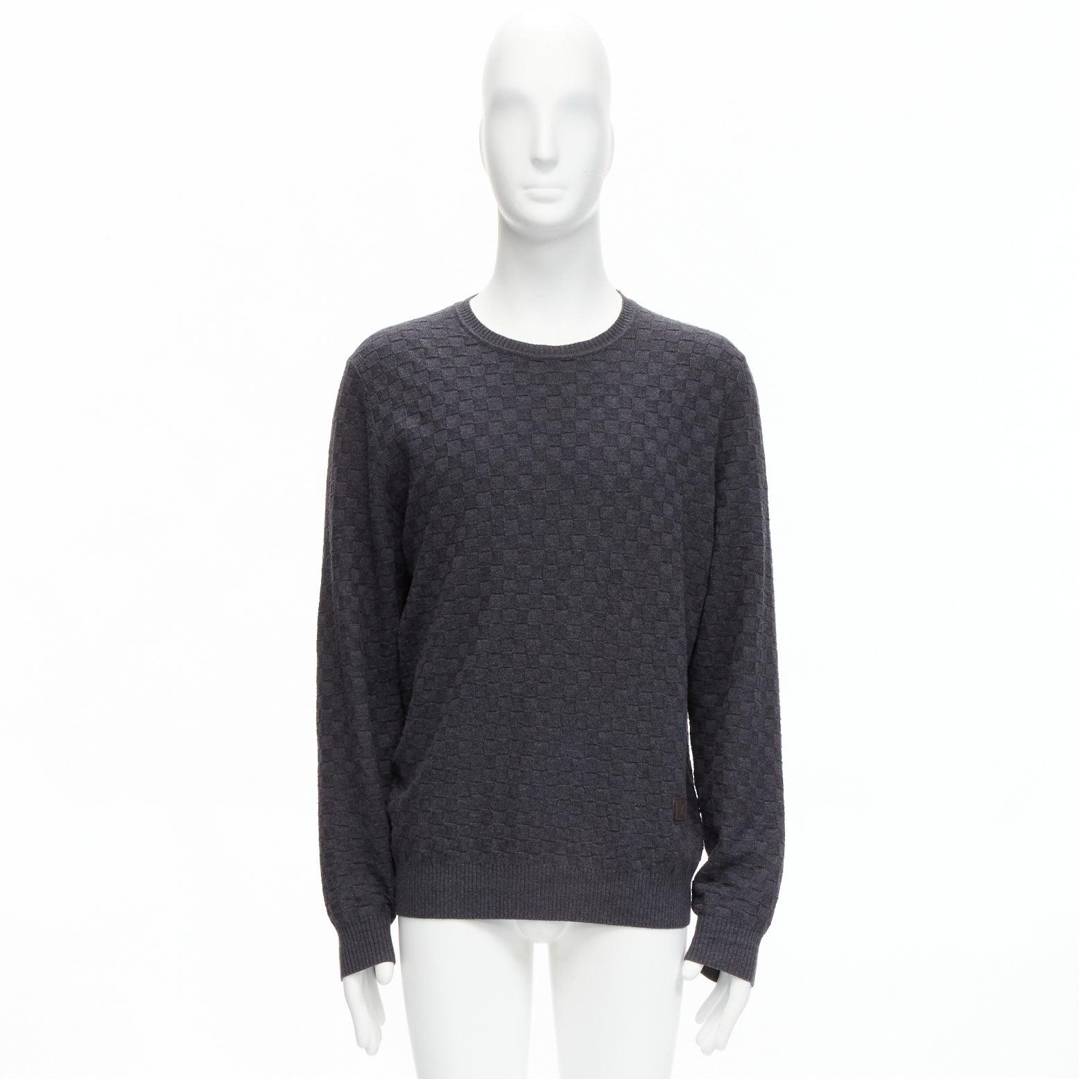 LOUIS VUITTON Damier gris laine coton carreaux LV cuir patch pull L en vente 4